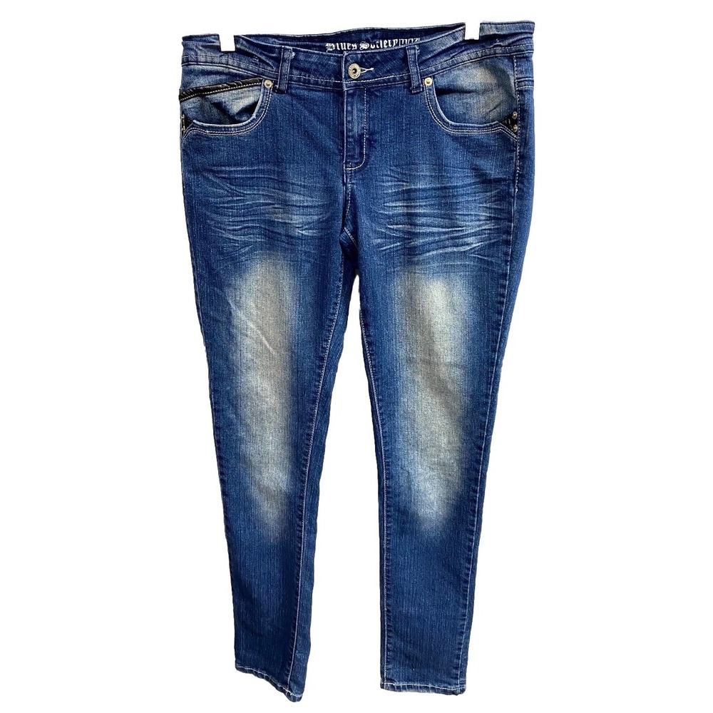 Blues Society Jeans Womens 11/12 Blue Denim Cotton Medium Wash Whiskered Skinny